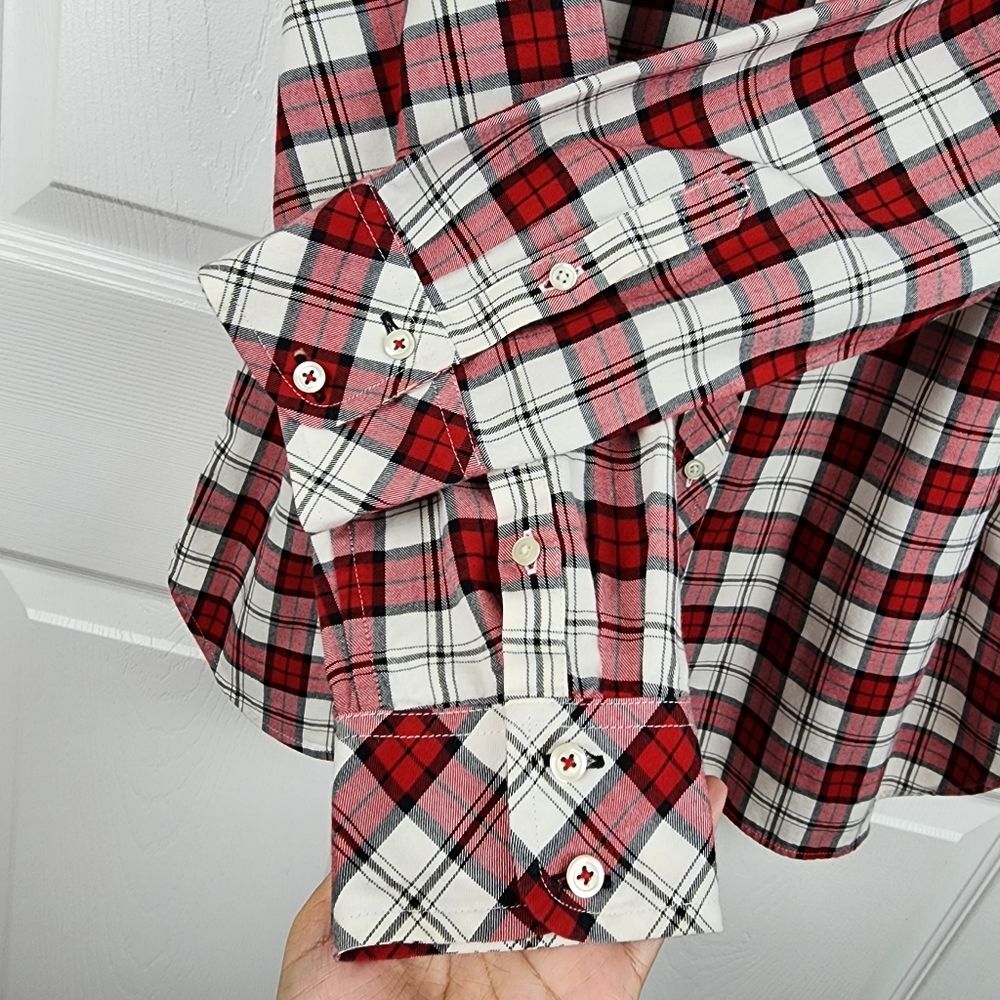 Talbots Plaid Button up Shirt Metallic Blouse Top Red White Black Cotton Size L - Picture 6 of 13
